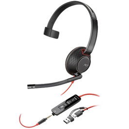 Poly Auricular Blackwire 5210 8X230AA con Micrófono, USB-C + Adaptador USB-A + Jack 3.5mm, Monoauricular Supraaural para PC/Mac, Negro